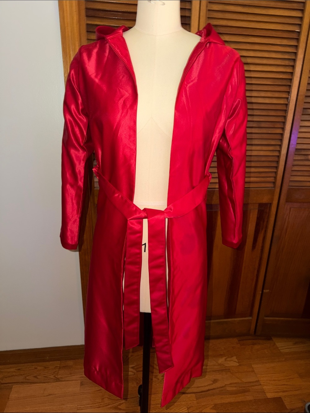 Red Satin Hooded Belted Trench Coat